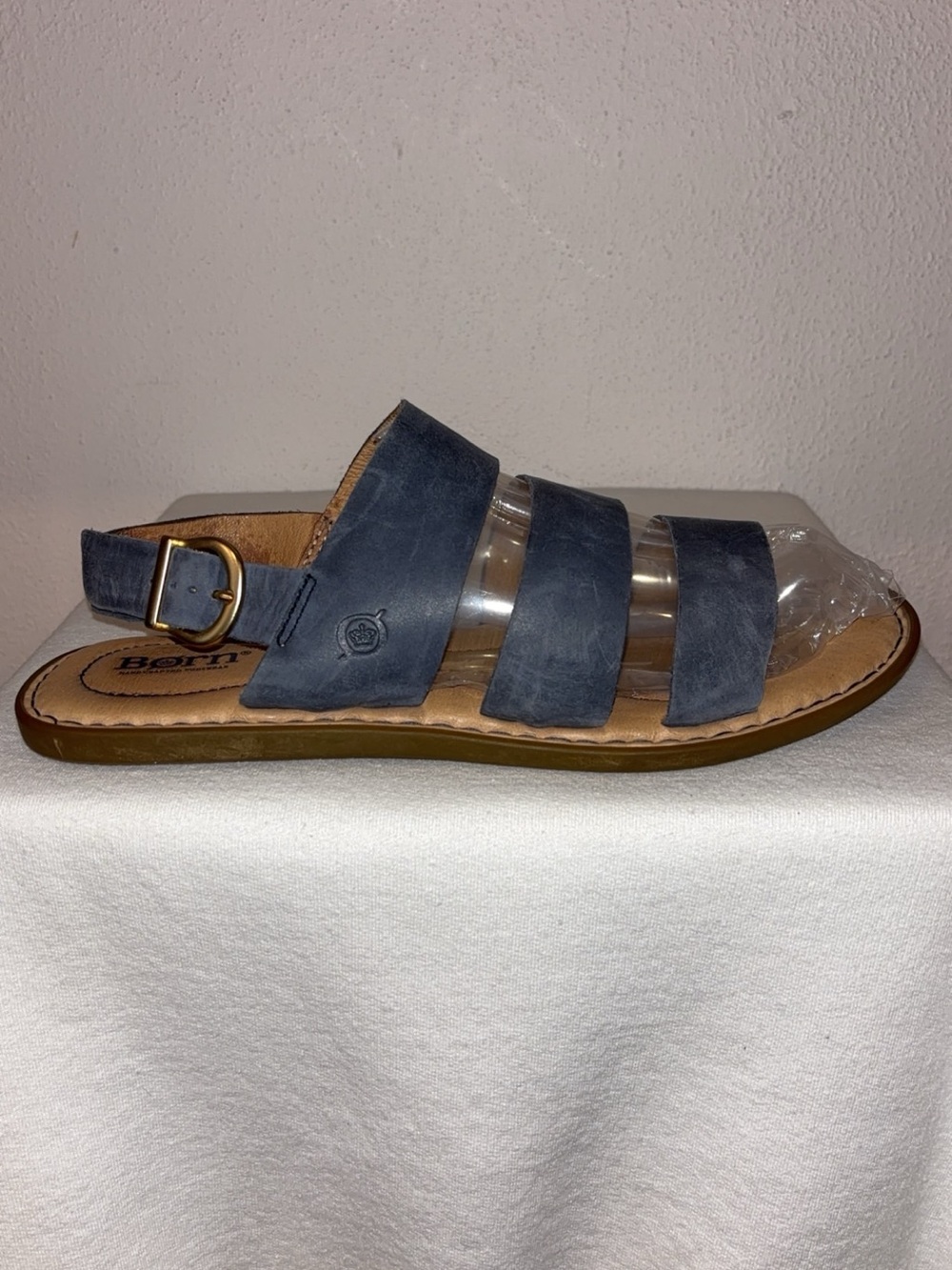 Born Women's Navy Leather Triple-Strap Slide Sandal with Buckle
